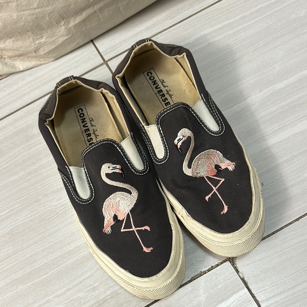 Converse Black Flamingo Embroidered Slip-Ons